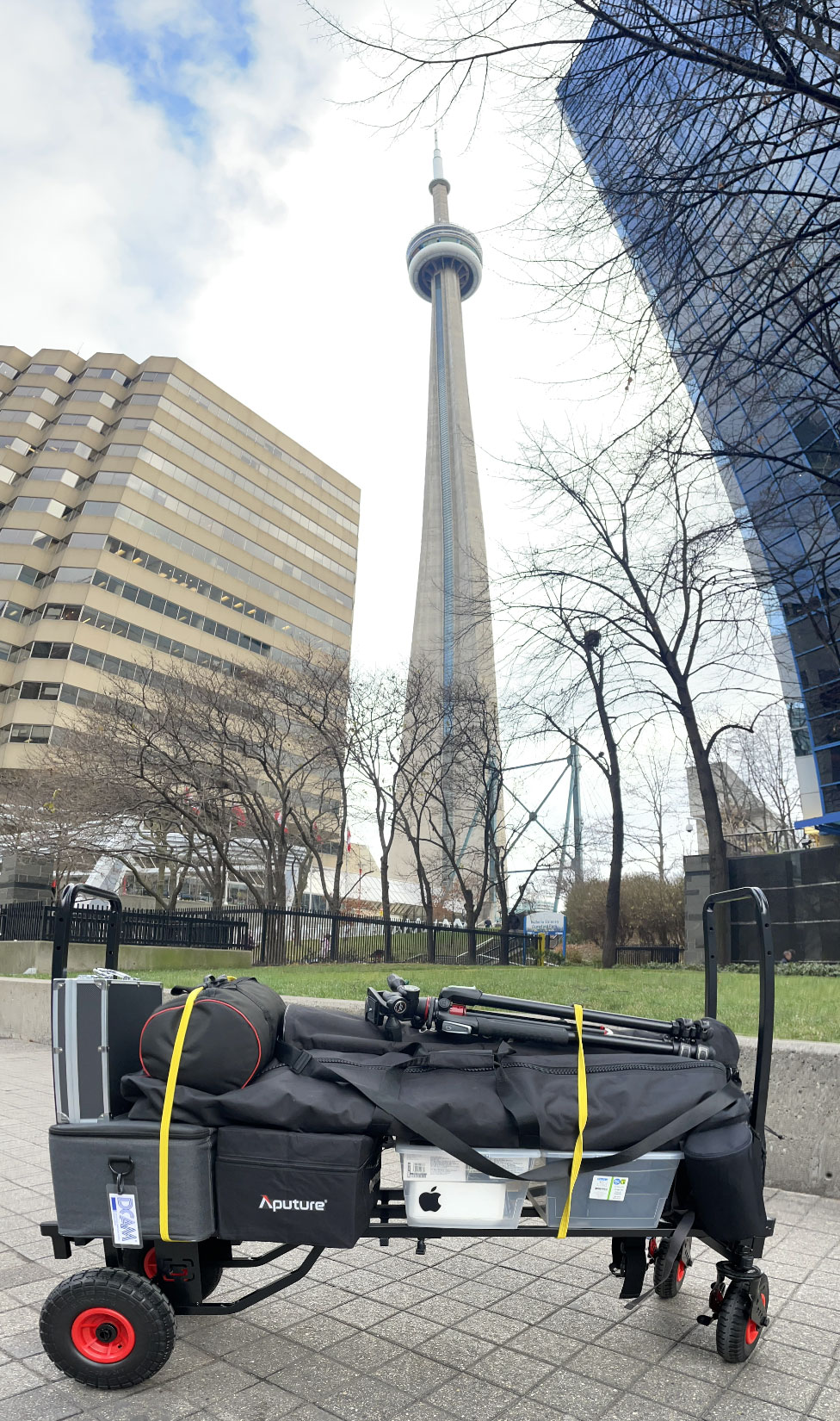 A still photograph of our equipment cart parked in front of the CN Tower just after finishing a video production in Downtown Toronto